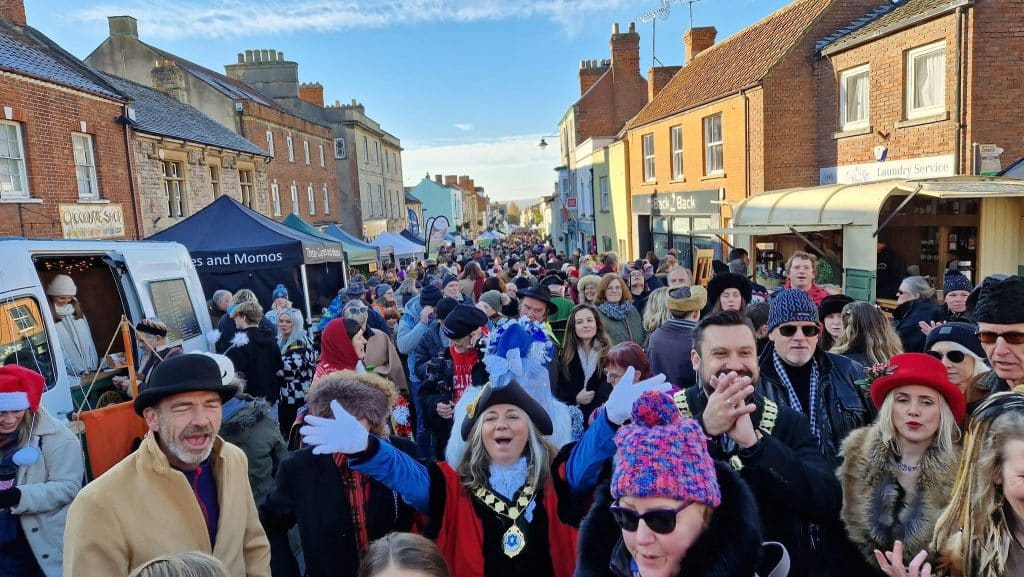 Busy High Street during Glastonbury Frost Fayre