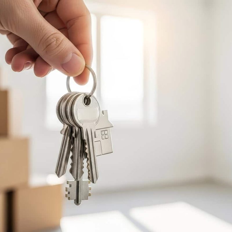 New homeowner holding silver keys in front of stacked moving box