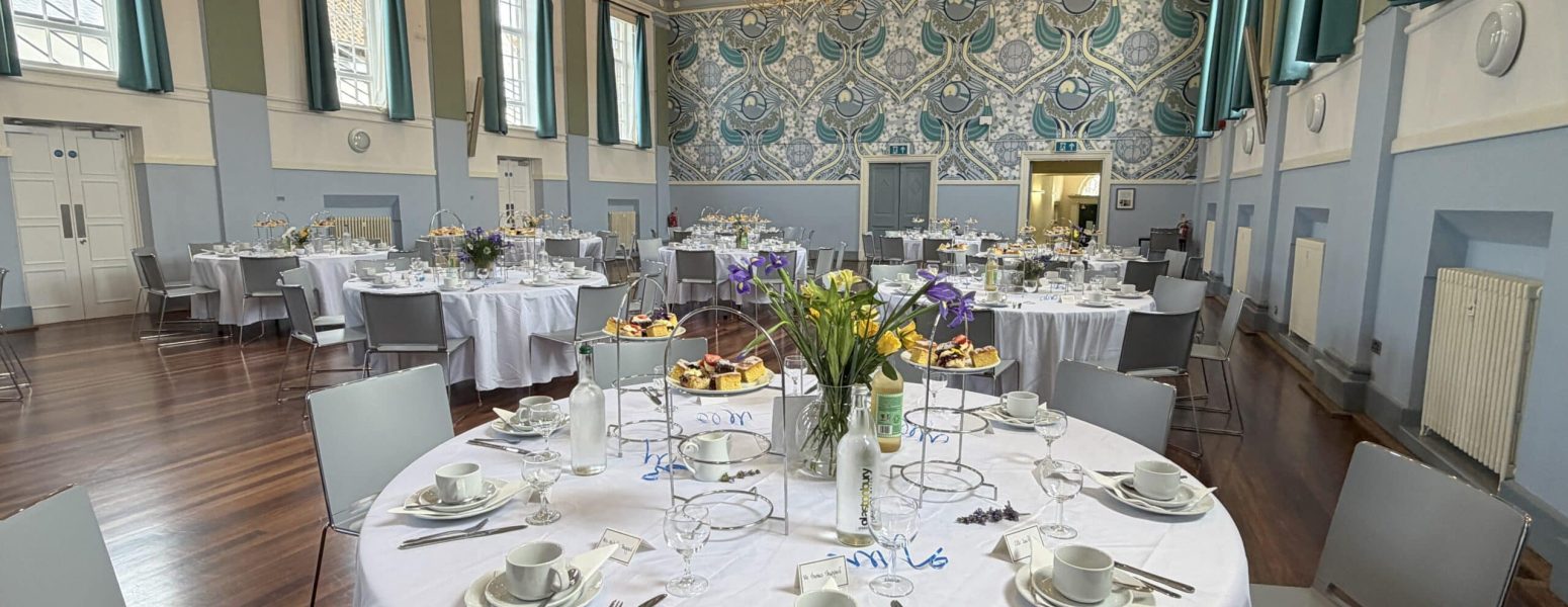 An image of Glastonbury Town Hall's Main Hall dressed for an event