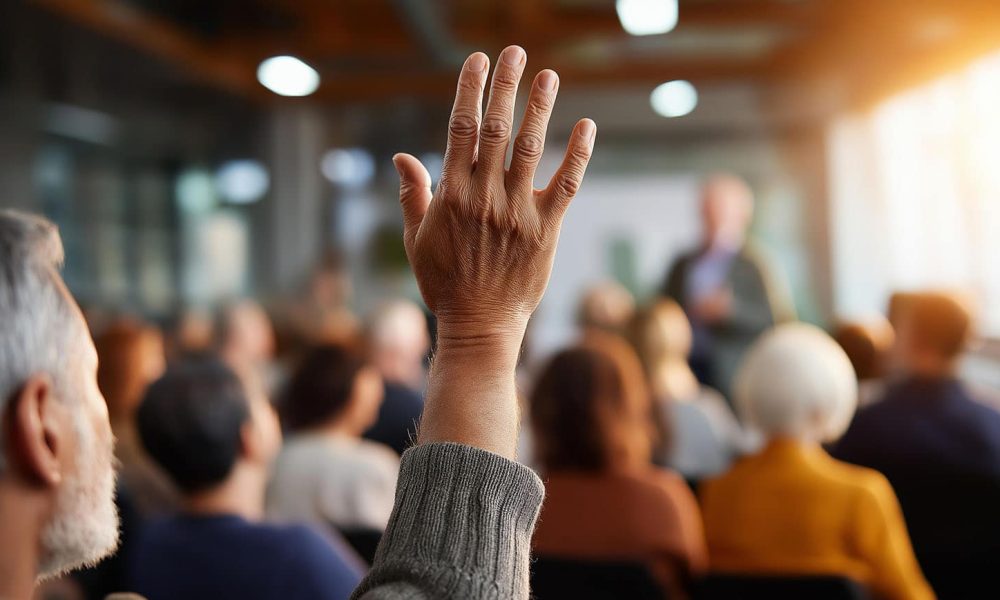 Faceless diverse community members gathering at neighborhood mee