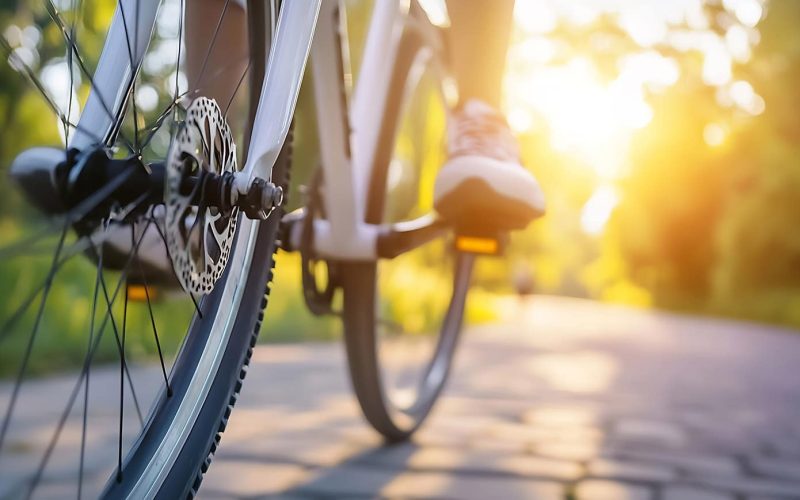 Cyclist pedaling on a sunlit path surrounded by lush greenery an