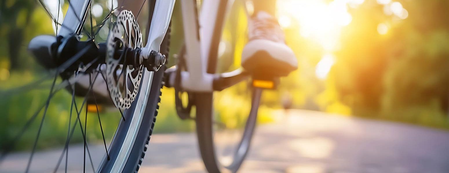 Cyclist pedaling on a sunlit path surrounded by lush greenery an
